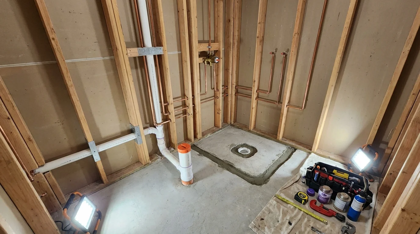 Bathroom rough-in plumbing during remodel by Johns Plumbing LLC in Tylertown