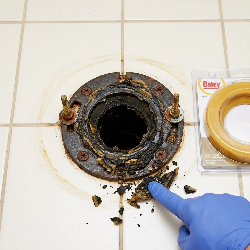 Failed wax ring showing water seepage at the base of a toilet in a Tylertown, MS home