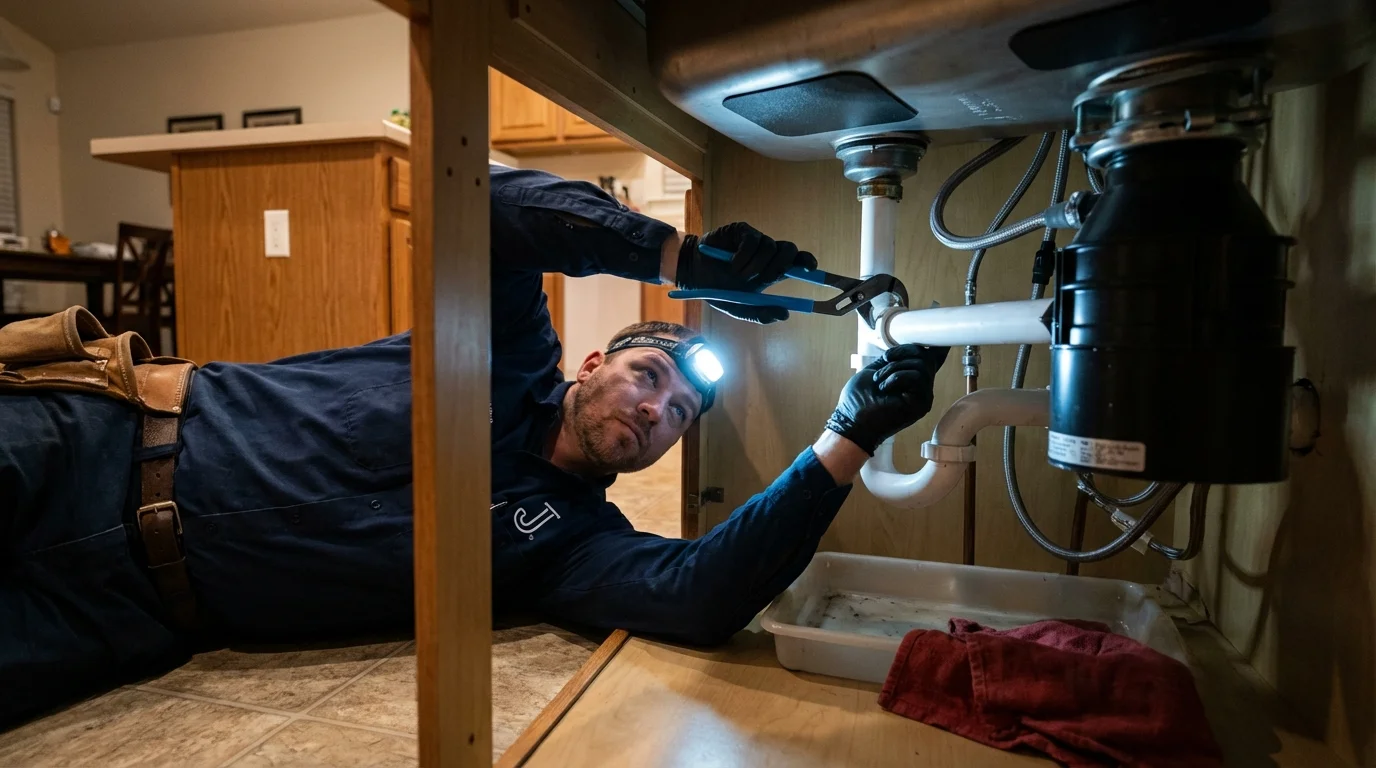 P-trap and supply line connections under a kitchen sink showing a common leak point in Tylertown, MS